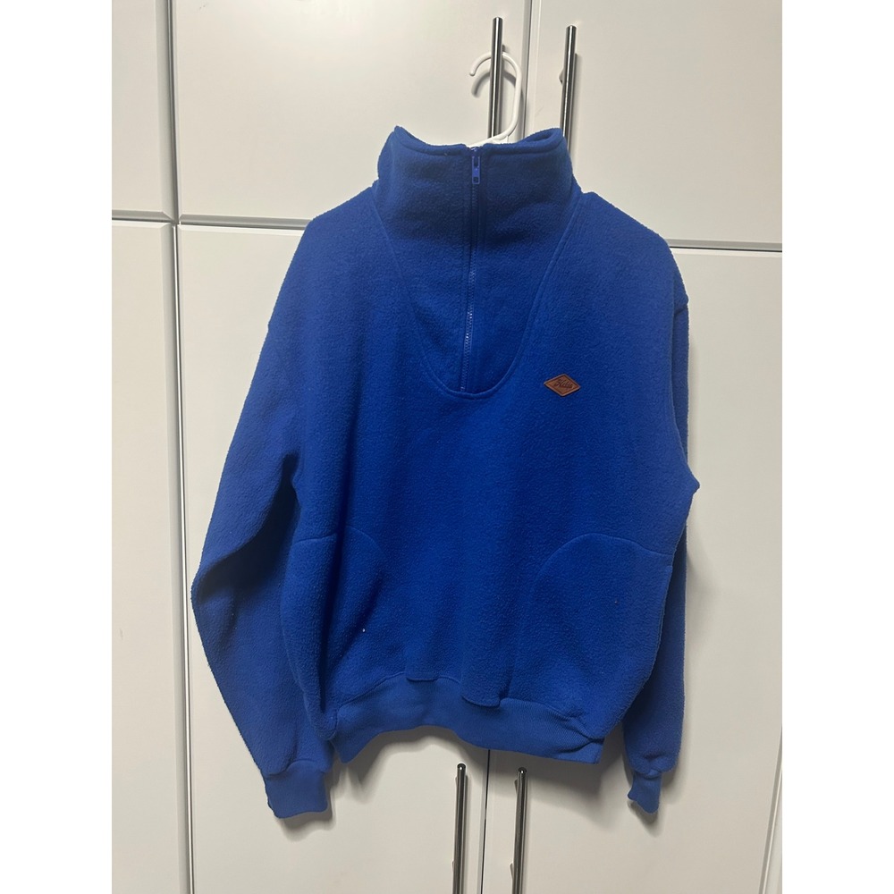 Hobie Vintage Royal Blue‎ Quarter Zip Fleece Pullover Sweater with Leather Patch